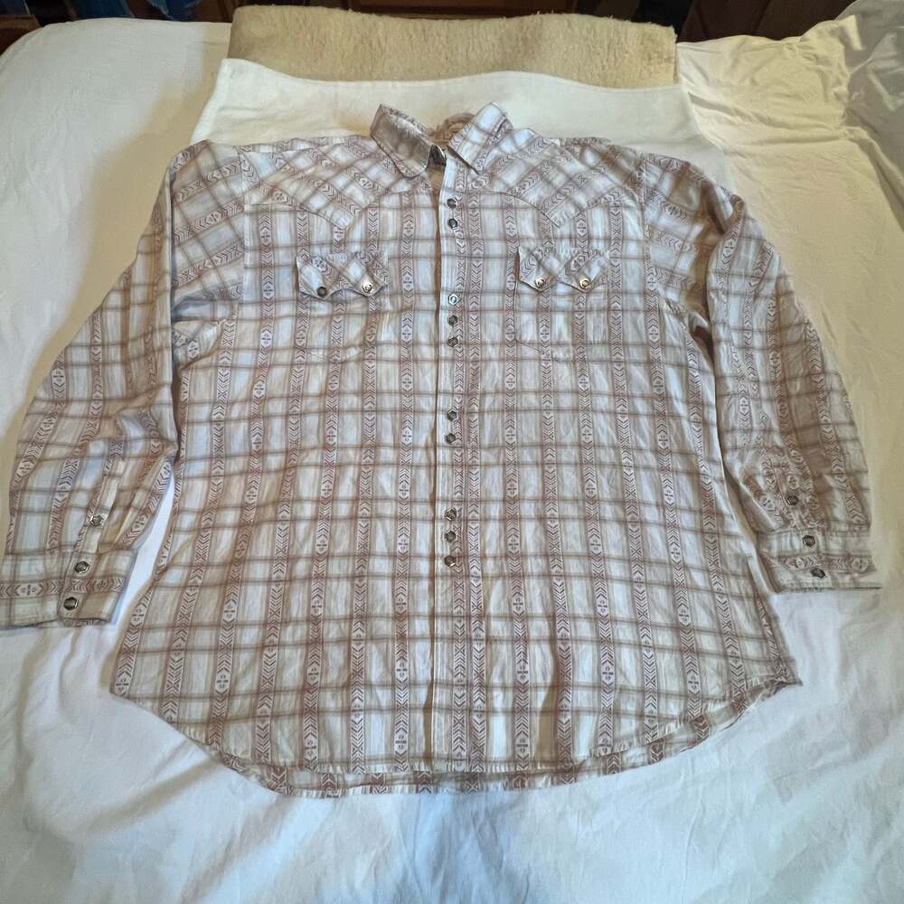 Roper 3X Hexagon Black Pearl Snaps Western Long Sleeve Tan Plaid Shirt Size XXXL